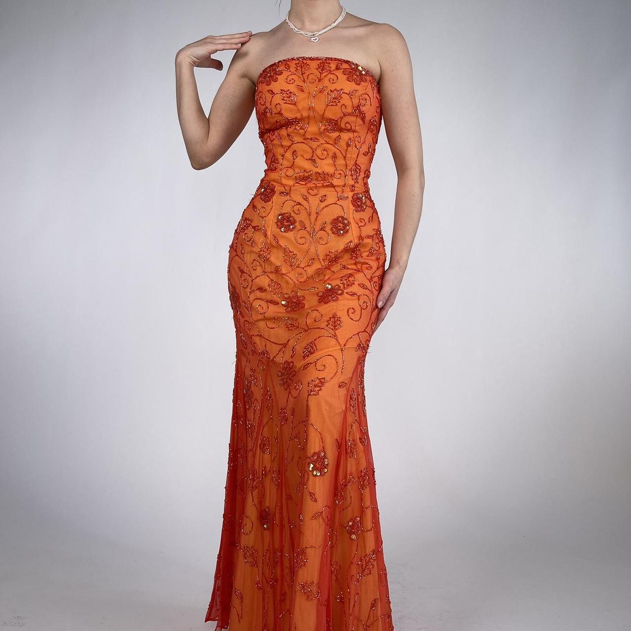 Beautiful Rare Vintage Orange Delicate Floral Sequin Beaded Backless Long Tulle Chiffon Ball Gown Evening Dress Prom Dress Birthday Party Dress gh3806
