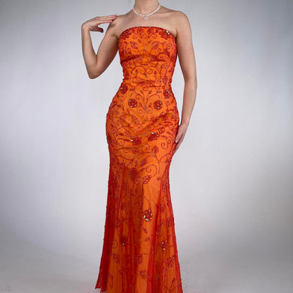 Beautiful Rare Vintage Orange Delicate Floral Sequin Beaded Backless Long Tulle Chiffon Ball Gown Evening Dress Prom Dress Birthday Party Dress gh3806