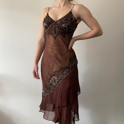 Brown Beaded Short Chiffon Homecoming Dress Birthday Party Dress gh5086