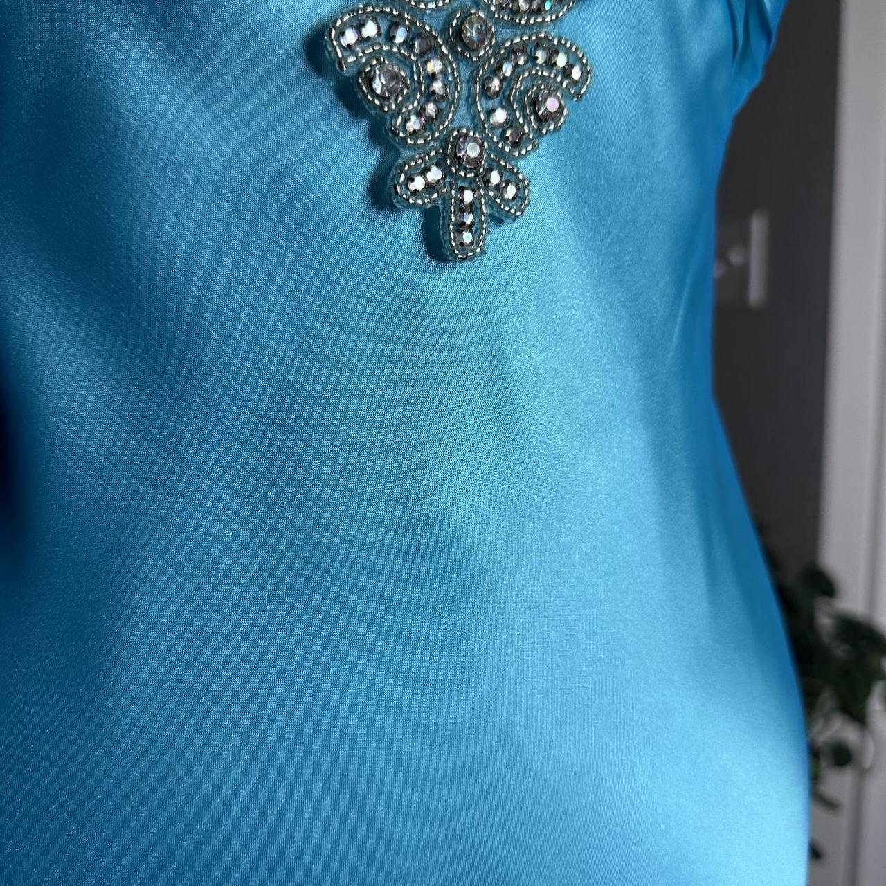 Bright Blue Vintage Floral Beaded Slim Strap Formal Prom Dress Small Train Long Satin Ball Gown Evening Dress Party Dress gh4341