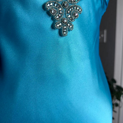 Bright Blue Vintage Floral Beaded Slim Strap Formal Prom Dress Small Train Long Satin Ball Gown Evening Dress Party Dress gh4341