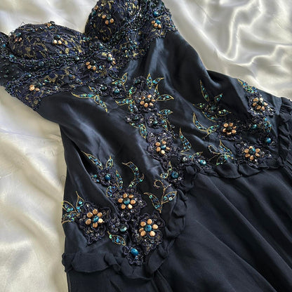 Dark Fairy Retro Navy Blue Fashion Elegant Beautiful Exquisite Gemstone Beaded Mid-Length Chiffon Ruffles Handmade Custom Prom Dress Evening Dress Party Dress Prom Dress gh3750