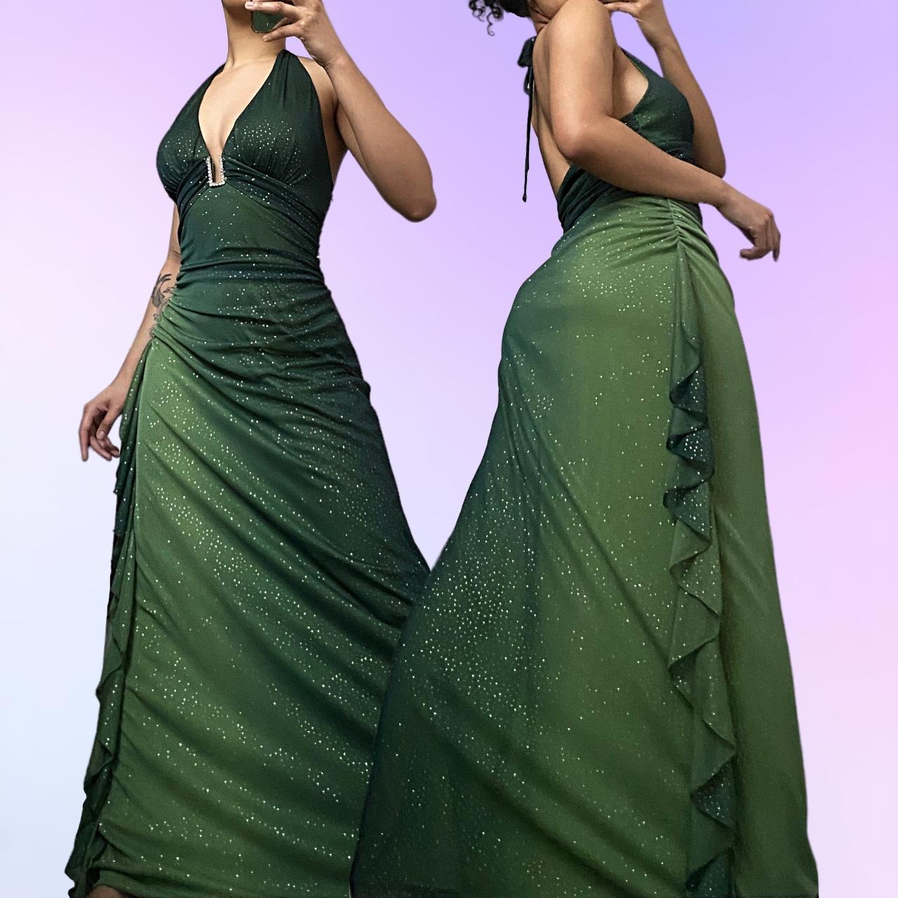 Green stunning beautiful flowing retro gradient shiny V-neck long chiffon ball gown evening dress party dress gh4674