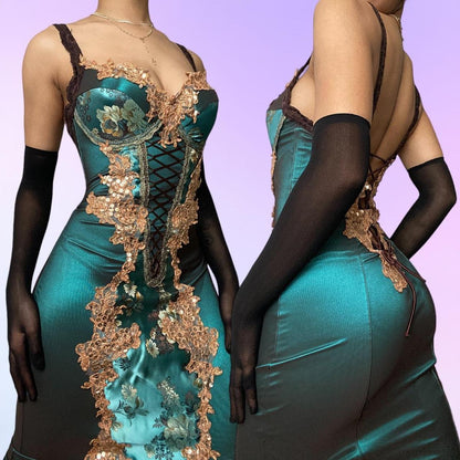 Turquoise Beautiful Fantasy Vintage Elegant Delicate Floral Sequin Beaded Bustier Midi Satin Homecoming Gown Prom Gown Evening Gown Party Gown Graduation Gown gh3941