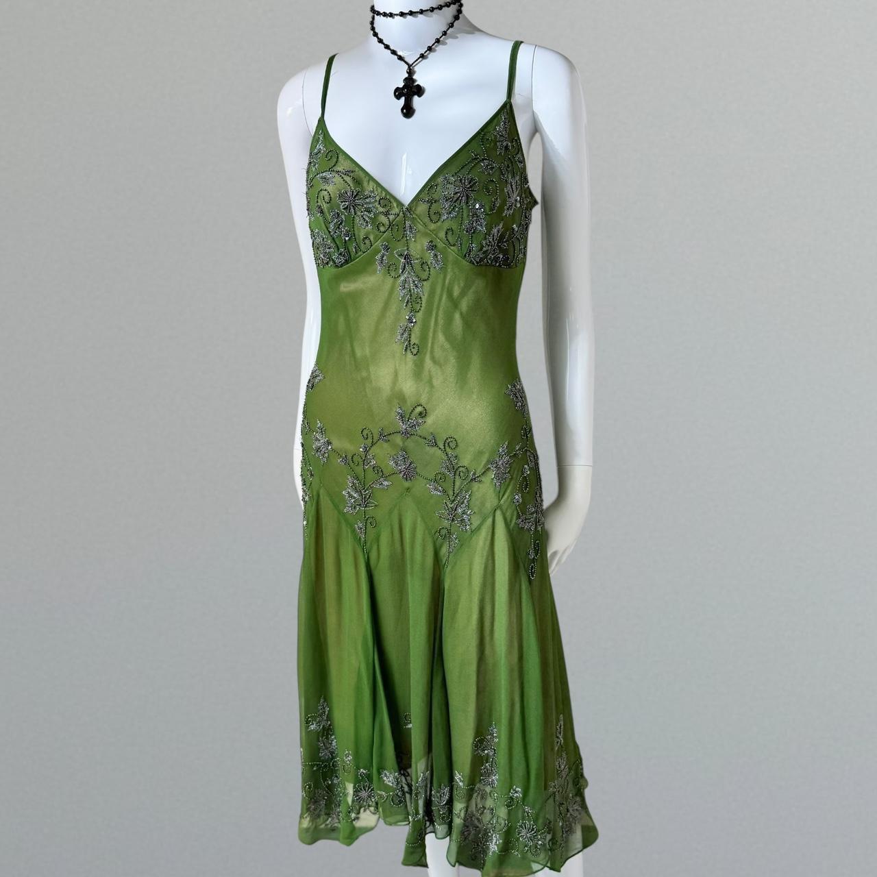Green Vintage Fashion Elegant Exquisite Beaded Long Chiffon Suspender Dress Floral Embroidery Ball Gown Evening Gown Party Dress Prom Gown gh3720