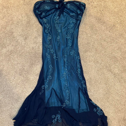 Blue Gorgeous Flowing Retro Beautiful Elegant Delicate Floral Beaded Long Chiffon Ball Gown Evening Gown Party Dress Prom Dress gh3904