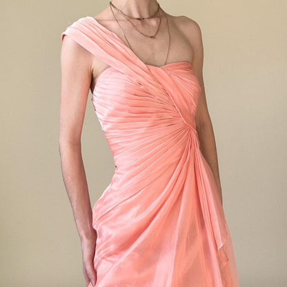 Y2K Peach Pink One Shoulder Dress Ruffled Layered Detail Y2K Coral Pink Prom Homecoming Dress gh4596