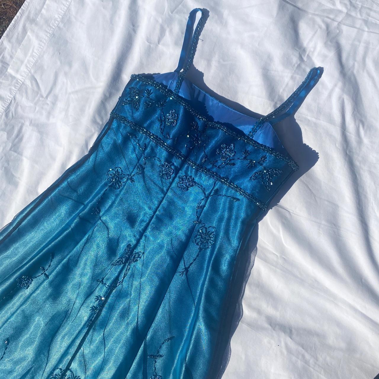 Vintage Fashion Blue Delicate Floral Beaded Ombre Spaghetti Strap Long Satin Tulle Fairy Ball Gown Square Neck Prom Dress Evening Dress Birthday Party Dress gh3957