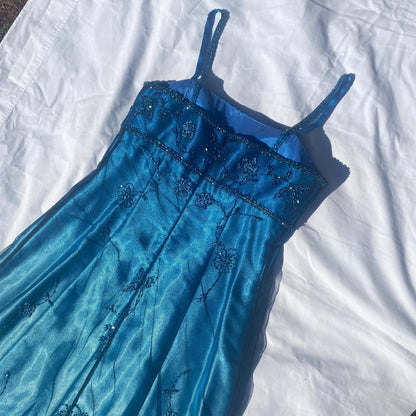 Vintage Fashion Blue Delicate Floral Beaded Ombre Spaghetti Strap Long Satin Tulle Fairy Ball Gown Square Neck Prom Dress Evening Dress Birthday Party Dress gh3957