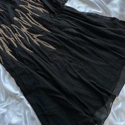 Black Gorgeous Delicate Gold Beaded Rhinestone Spaghetti Straps Long chiffon Ball Gown Evening Gown Party Dress Prom Gown gh3866