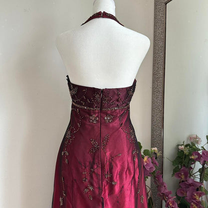 Burgundy Gorgeous Exquisite Beading Elegant Strap Long Satin Tulle Ball Gown Evening Dress Party Dress gh3439