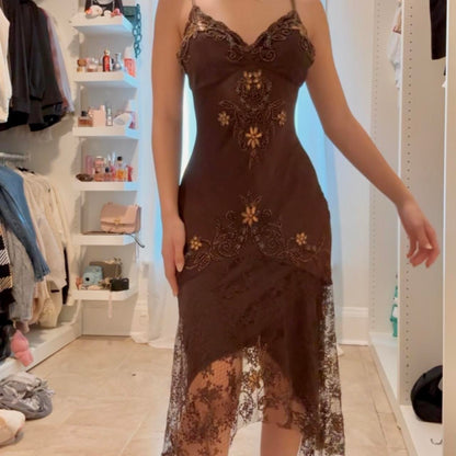 _Brown Black Unique Vintage Gorgeous Elegant Exquisite Beaded Spaghetti Straps Long/Short Tulle Lace Homecoming Dress Prom Dress Birthday Party Dress Evening Dress Ball Dress Holiday Date Night Dress gh4107