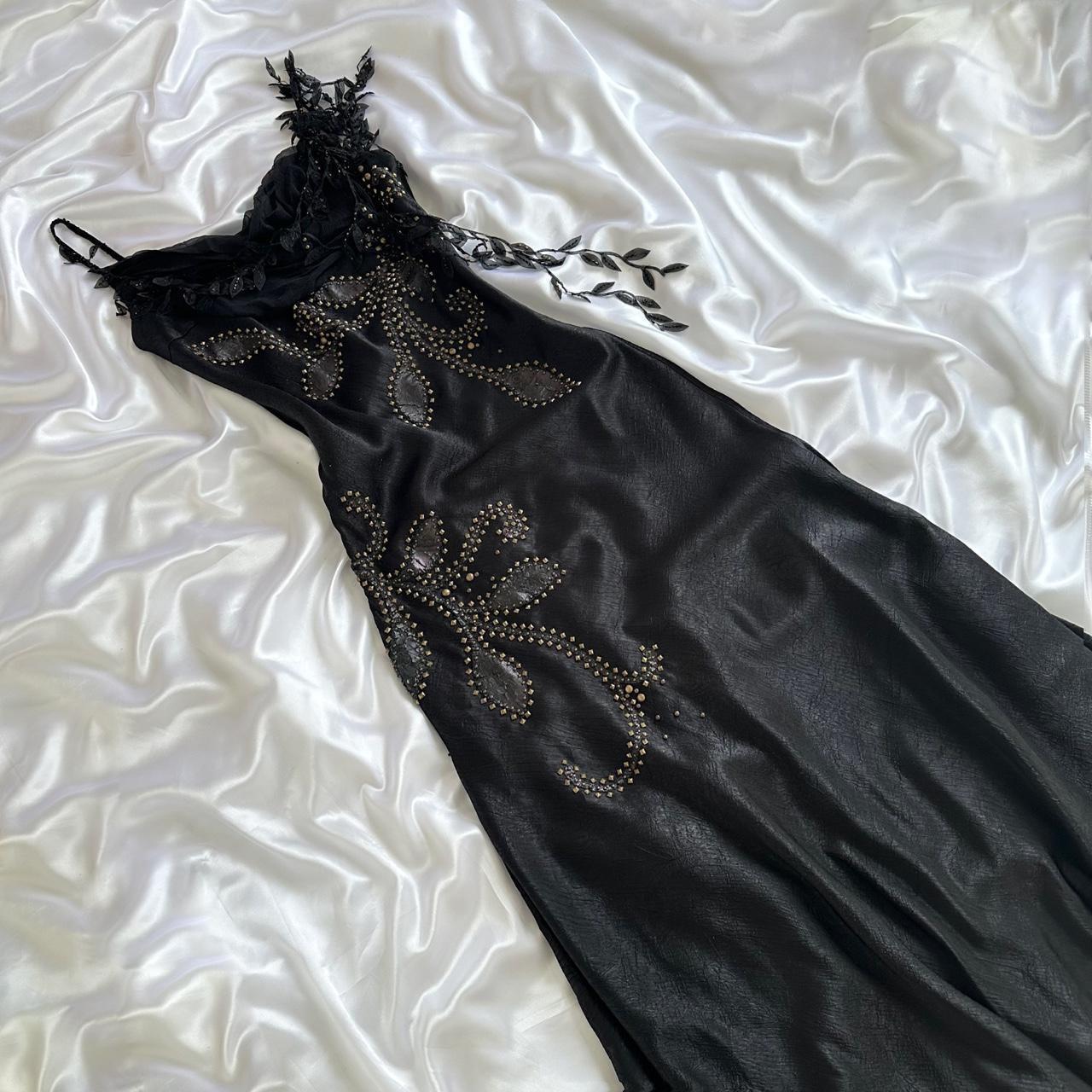 Black Vintage Glam Rock Unique Fashion Beautiful Elegant Exquisite Gold Stud Beads Long Satin Ball Gown Evening Gown Birthday Party Dress Prom Dark Fairy/Black Swan gh3914