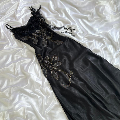 Black Vintage Glam Rock Unique Fashion Beautiful Elegant Exquisite Gold Stud Beads Long Satin Ball Gown Evening Gown Birthday Party Dress Prom Dark Fairy/Black Swan gh3914