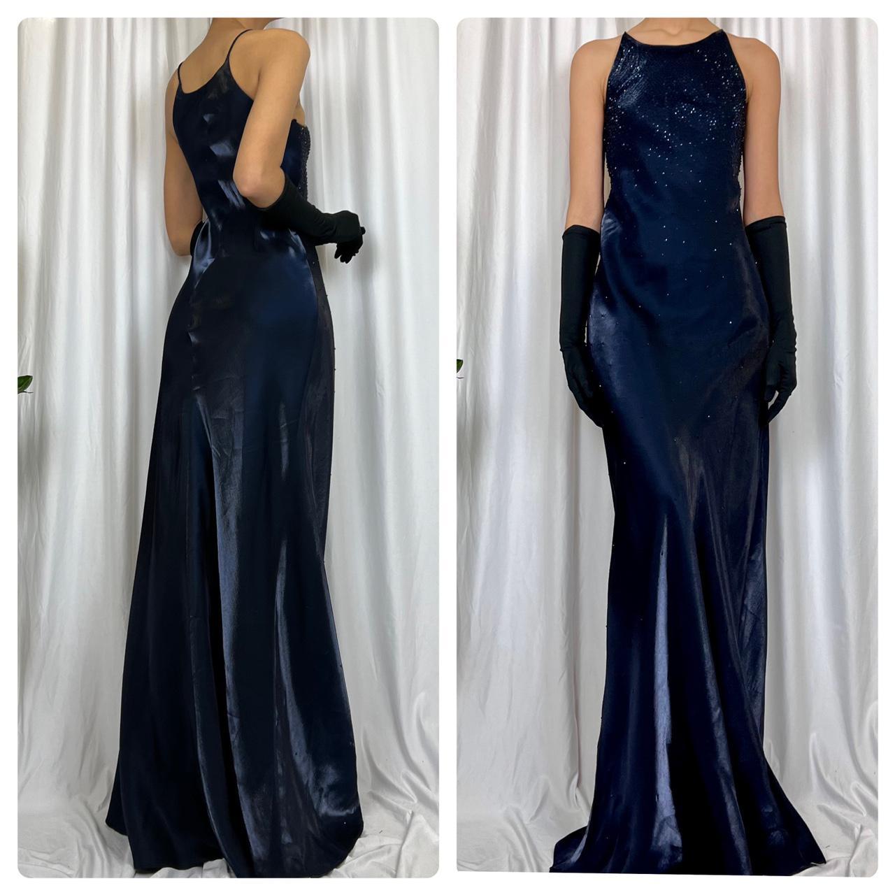 Dark Blue Sparkling Elegant Delicate Beaded Gorgeous Turtle Neck Long Satin Ball Gown Evening Gown Party Dress Prom Gown gh3716