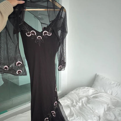 Black stylish elegant exquisite floral spaghetti strap long chiffon ball gown evening dress with jacket gh3299