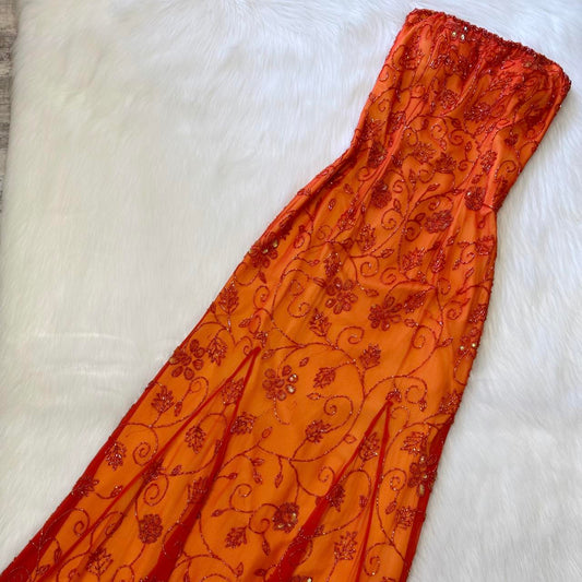 Beautiful Rare Vintage Orange Delicate Floral Sequin Beaded Backless Long Tulle Chiffon Ball Gown Evening Dress Prom Dress Birthday Party Dress gh3806