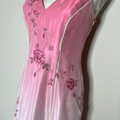 Pink Fashion Gradient Elegant V-neck Exquisite Floral Beading Backless Long Tulle Satin prom dress Evening Dress Party Dress gh3577
