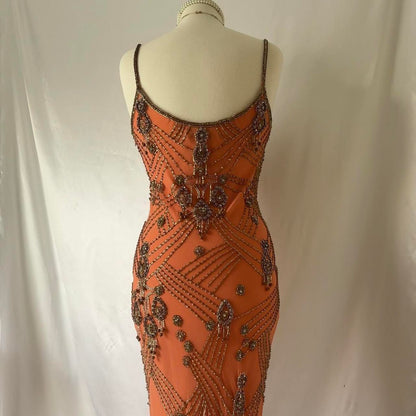 Fantasy Orange Coral Elegant Exquisite Gem Beaded Long Chiffon Ball Gown Evening Dress Party Dress Prom Dress gh3747