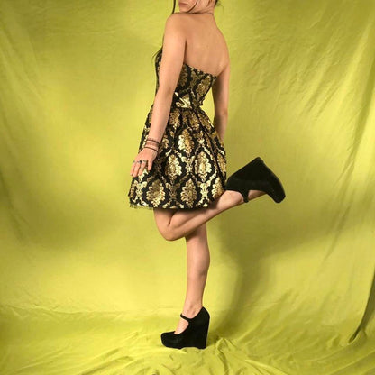 __ Y2K Gold and Black Fashion Jacquard Brocade Printed Mini Short Homecoming Dress Cocktail Dress Party Dress gh4610