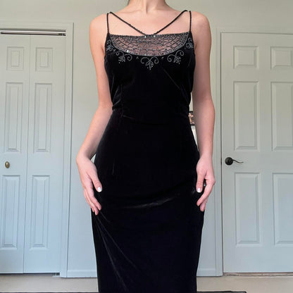 Vintage Black Velvet Gorgeous Exquisite Beading Elegant Spaghetti Strap Long Velvet Ball Gown Evening Dress Birthday Party Dress Prom Dress gh3954