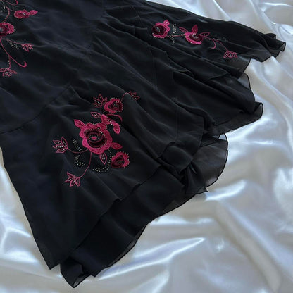 Black Elegant Delicate Red Rose Floral Beaded Long Chiffon Ball Gown Evening Dress Party Dress Prom Dress gh3691