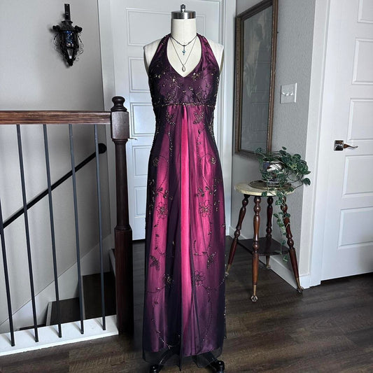 Fuchsia Vintage Fashion Stunning Elegant Exquisite Beaded Long Satin Tulle High Waist Formal Gothic Ball Gown Evening Dress Birthday Party Dress Prom Dress Graduation Dress gh3910