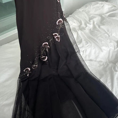 Black stylish elegant exquisite floral spaghetti strap long chiffon ball gown evening dress with jacket gh3299