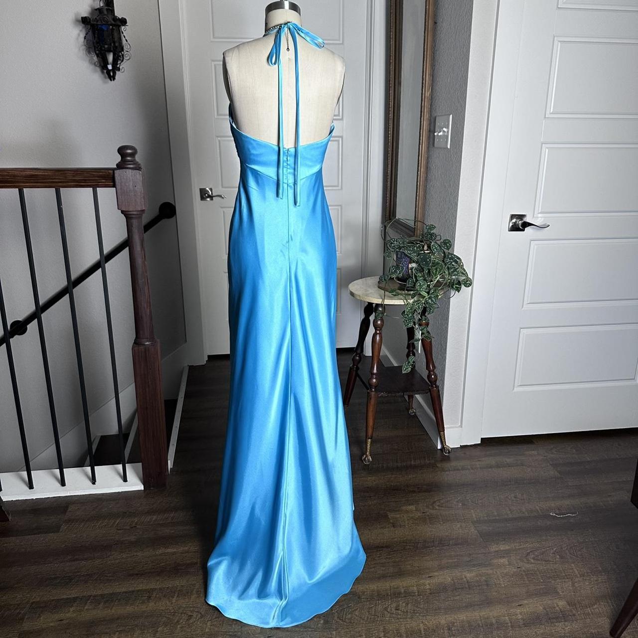 Bright Blue Vintage Floral Beaded Slim Strap Formal Prom Dress Small Train Long Satin Ball Gown Evening Dress Party Dress gh4341