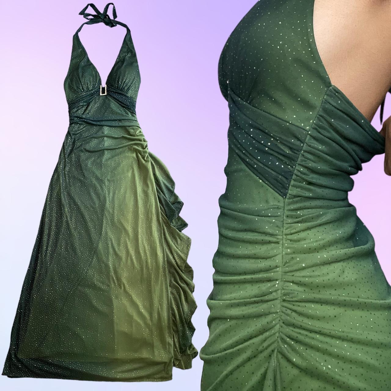Green stunning beautiful flowing retro gradient shiny V-neck long chiffon ball gown evening dress party dress gh4674