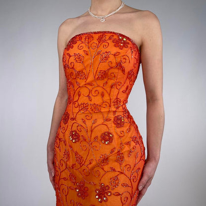 Beautiful Rare Vintage Orange Delicate Floral Sequin Beaded Backless Long Tulle Chiffon Ball Gown Evening Dress Prom Dress Birthday Party Dress gh3806