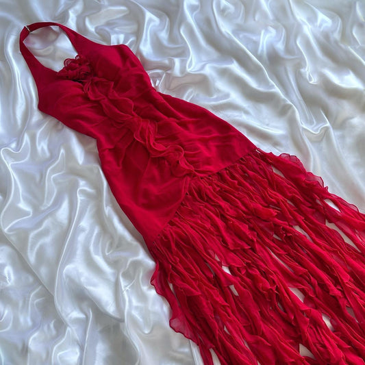 Red beautiful fashion unique elegant floral sling long chiffon tassel ruffle prom dress evening dress party dress gh3561