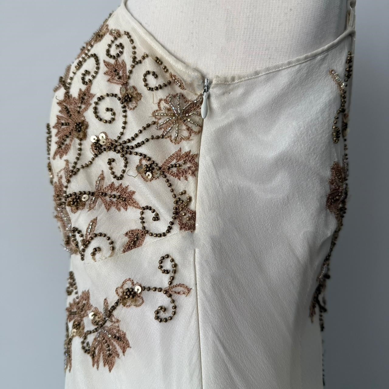 Ivory White Gorgeous Vintage Delicate Gold Brown Beaded Spaghetti Straps Fairy Long Chiffon Ball Gown Evening Gown Party Gown Wedding Guest Gown Homecoming Gown Graduation Gown Prom Gown gh3980