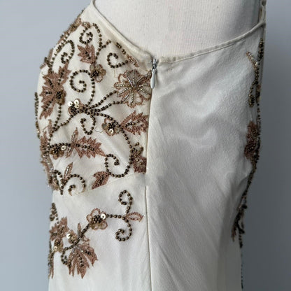 Ivory White Gorgeous Vintage Delicate Gold Brown Beaded Spaghetti Straps Fairy Long Chiffon Ball Gown Evening Gown Party Gown Wedding Guest Gown Homecoming Gown Graduation Gown Prom Gown gh3980