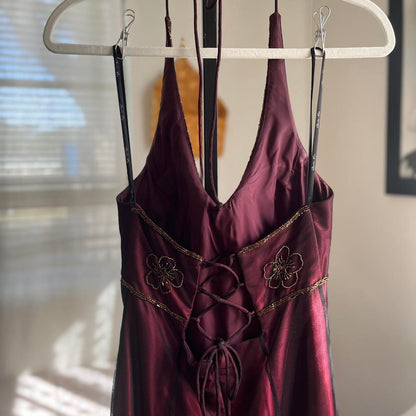 Burgundy Floral Exquisite Beading Long Satin Tulle Ball Gown Evening Dress Party Dress gh4294