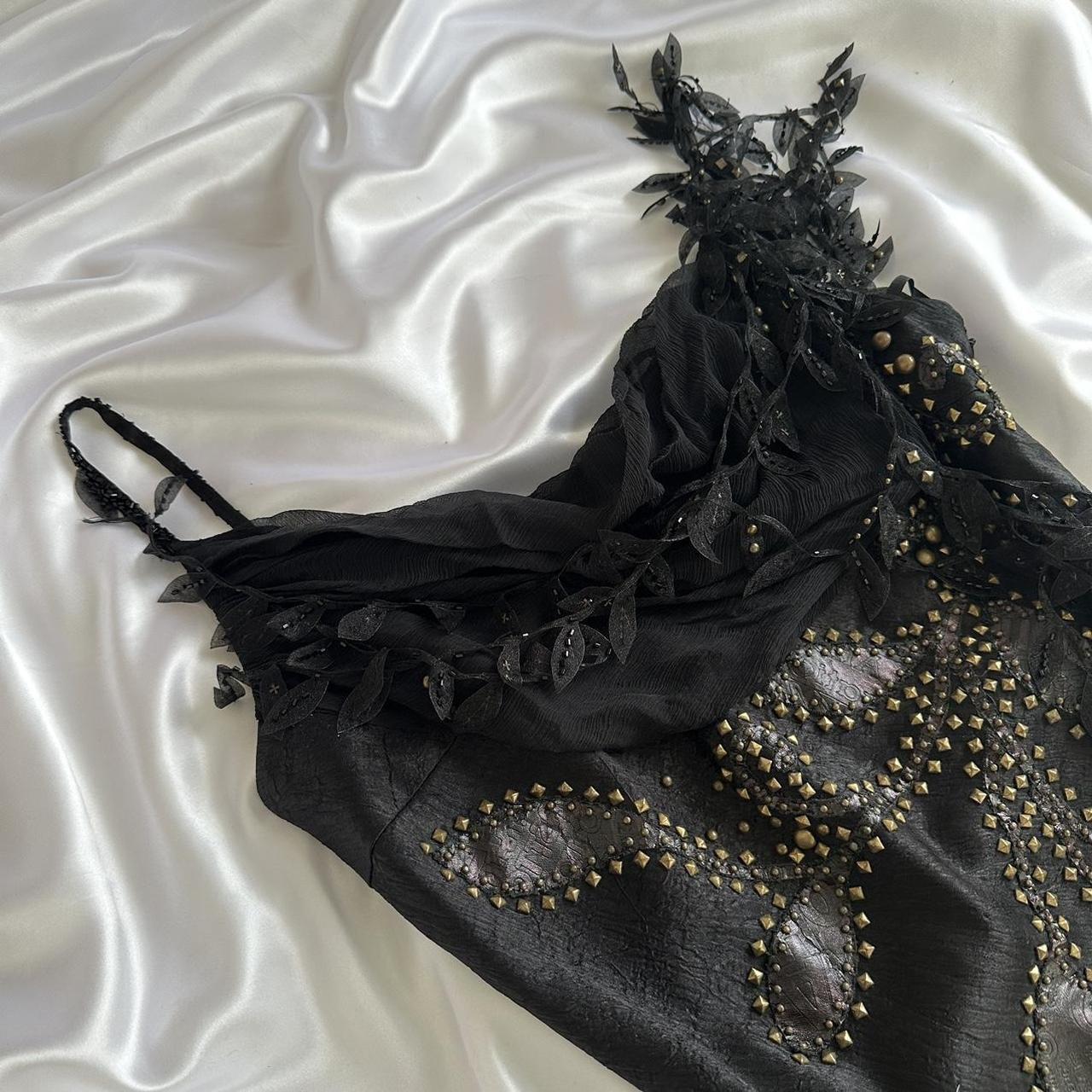 Black Vintage Glam Rock Unique Fashion Beautiful Elegant Exquisite Gold Stud Beads Long Satin Ball Gown Evening Gown Birthday Party Dress Prom Dark Fairy/Black Swan gh3914