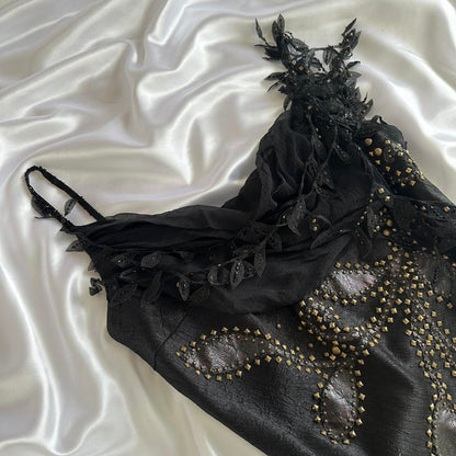 Black Vintage Glam Rock Unique Fashion Beautiful Elegant Exquisite Gold Stud Beads Long Satin Ball Gown Evening Gown Birthday Party Dress Prom Dark Fairy/Black Swan gh3914