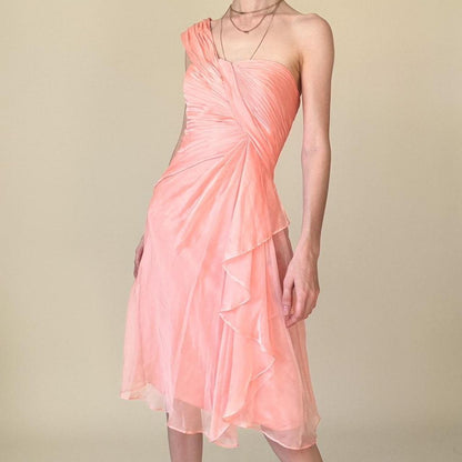 Y2K Peach Pink One Shoulder Dress Ruffled Layered Detail Y2K Coral Pink Prom Homecoming Dress gh4596
