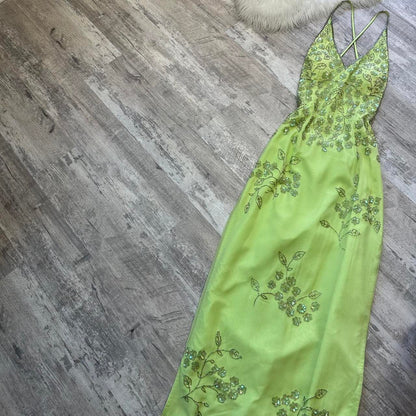 Light Green Vintage Stunning Exquisite Silver Floral Beaded Women's Long Chiffon Evening Dress Party Dress Prom Dress gh4285