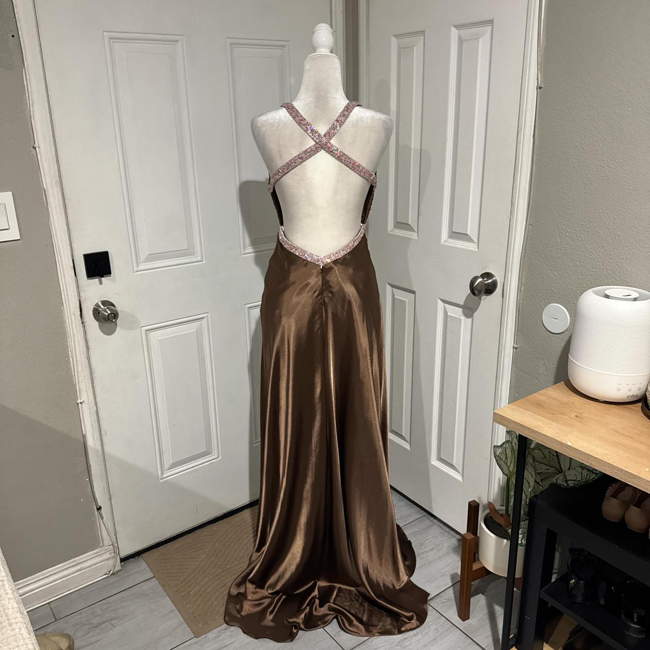 Brown Beaded Elegant Long Satin V Neck Ball Gown Evening Dress Party Dress gh4568