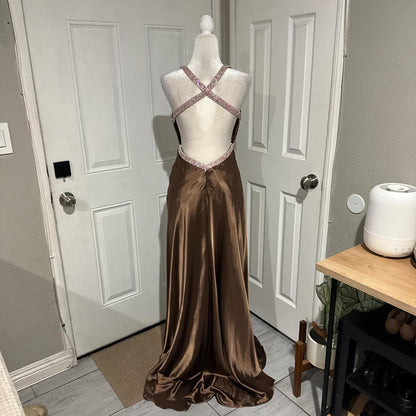 Brown Beaded Elegant Long Satin V Neck Ball Gown Evening Dress Party Dress gh4568