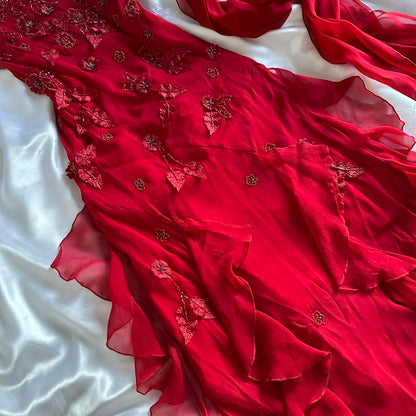 Red gorgeous fashion classy pretty exquisite beaded long chiffon ruffles handmade custom ball gown evening dress party dress gh3548