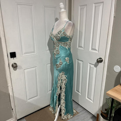 Mint Green Applique Lace Long Satin Prom Gown Evening Gown Graduation Dress gh4565