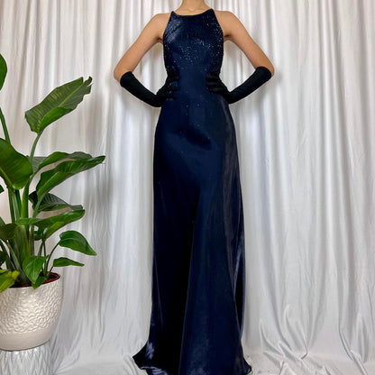 Dark Blue Sparkling Elegant Delicate Beaded Gorgeous Turtle Neck Long Satin Ball Gown Evening Gown Party Dress Prom Gown gh3716