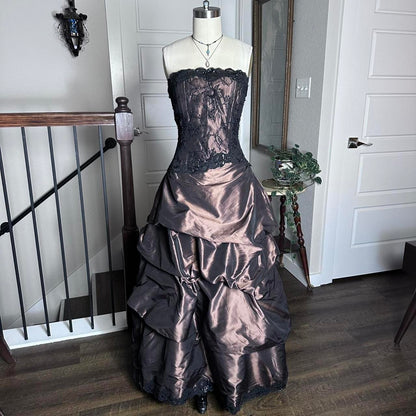 Black Brown Vintage Fashion Stunning Elegant ExquisiteLace Beaded Long Satin Formal Prom Dress Evening Dress Birthday Party Dress Ball Gown Graduation Dress gh3911