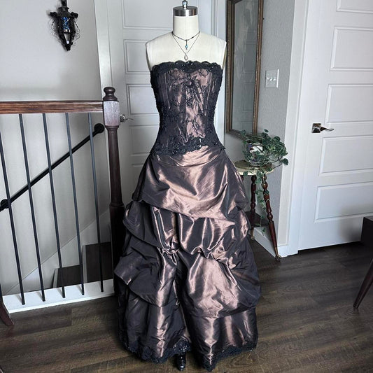 Black Brown Vintage Fashion Stunning Elegant ExquisiteLace Beaded Long Satin Formal Prom Dress Evening Dress Birthday Party Dress Ball Gown Graduation Dress gh3911
