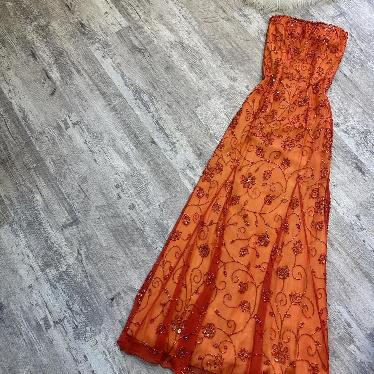 Beautiful Rare Vintage Orange Delicate Floral Sequin Beaded Backless Long Tulle Chiffon Ball Gown Evening Dress Prom Dress Birthday Party Dress gh3806