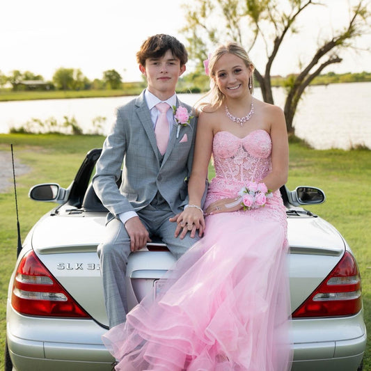 Pink strapless exquisite applique mermaid long tulle ball gown evening dress gh3002