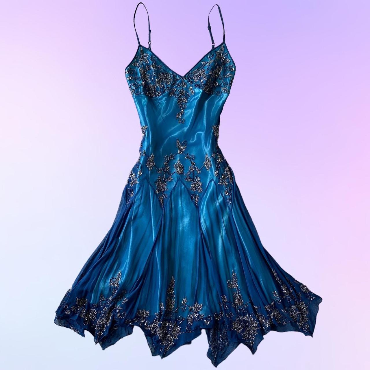 Dark blue gorgeous flowing vintage beautiful elegant delicate floral beaded spaghetti strap long chiffon ball gown evening dress party dress prom dress gh3903