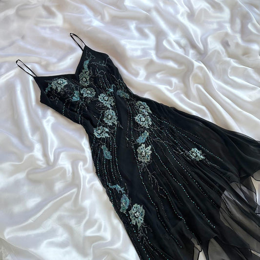Black gorgeous fashion elegant exquisite green floral beading spaghetti straps long chiffon ball gown evening dress party dress prom dress gh3639
